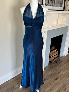 Y2K Iridescent Blue Halter Formal Gown | Size 8 Beaded Waist Maxi Dress